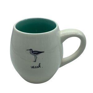 Vtg Rae Dunn Artisan Collection "Seek” Bird Mug White Teal Ceramic 12oz